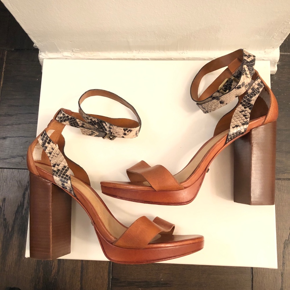 Schutz Leather Sandals w Snake Print Ankle Straps
